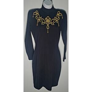 Vintage Fusion Womens Black l Gold Mock Neck Wool Blend Dress Size Medium 80s